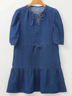 Drawstring High Waist Puff Sleeve Denim Mini Dress - Plush Fashion Hub