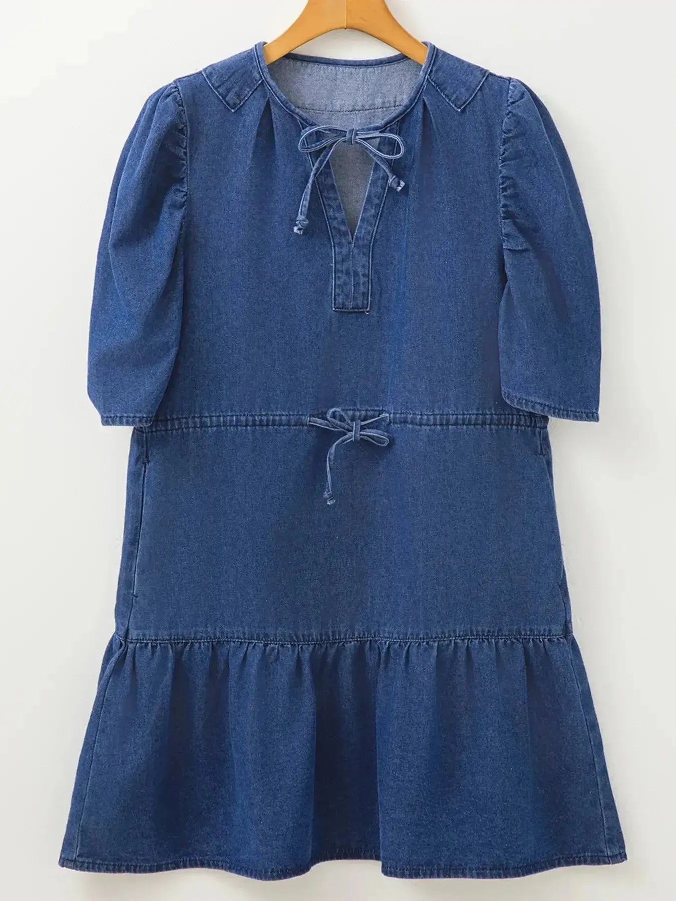 Drawstring High Waist Puff Sleeve Denim Mini Dress - Plush Fashion Hub