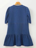 Drawstring High Waist Puff Sleeve Denim Mini Dress - Plush Fashion Hub