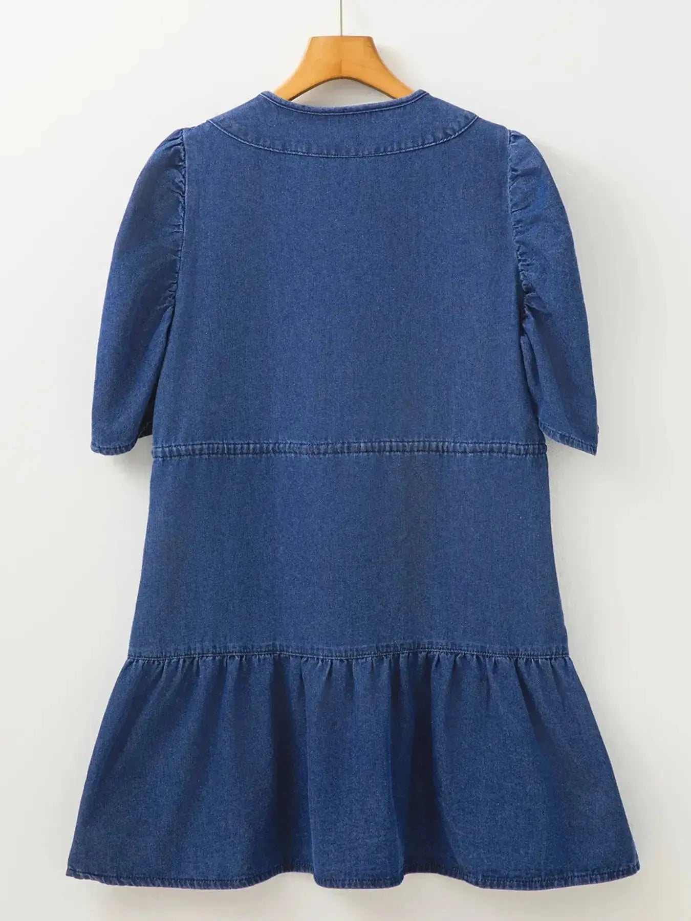 Drawstring High Waist Puff Sleeve Denim Mini Dress - Plush Fashion Hub