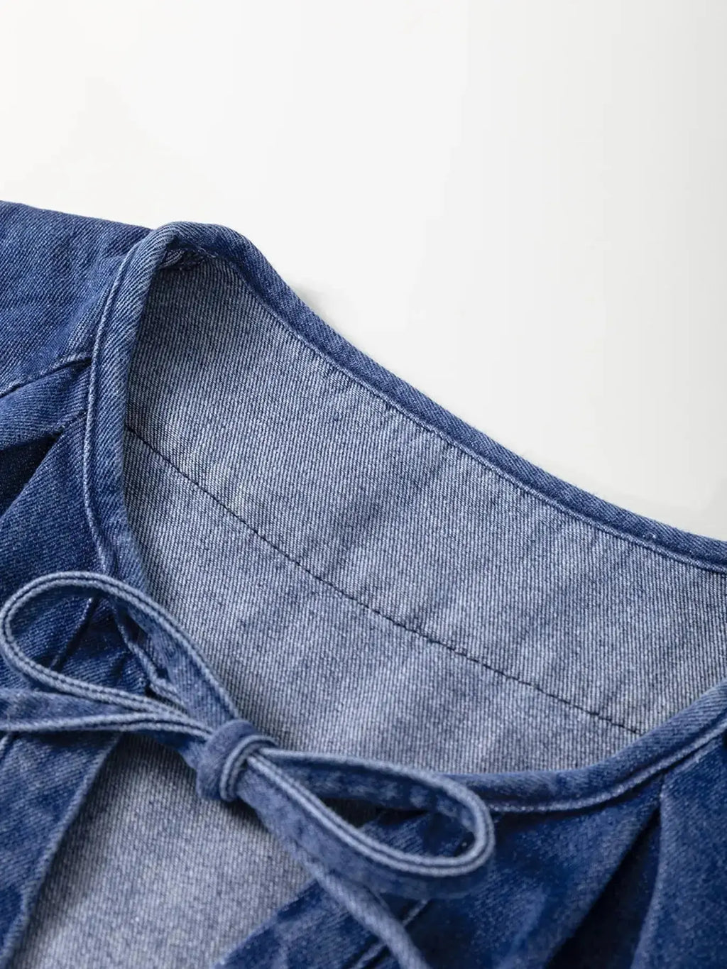 Drawstring High Waist Puff Sleeve Denim Mini Dress - Plush Fashion Hub