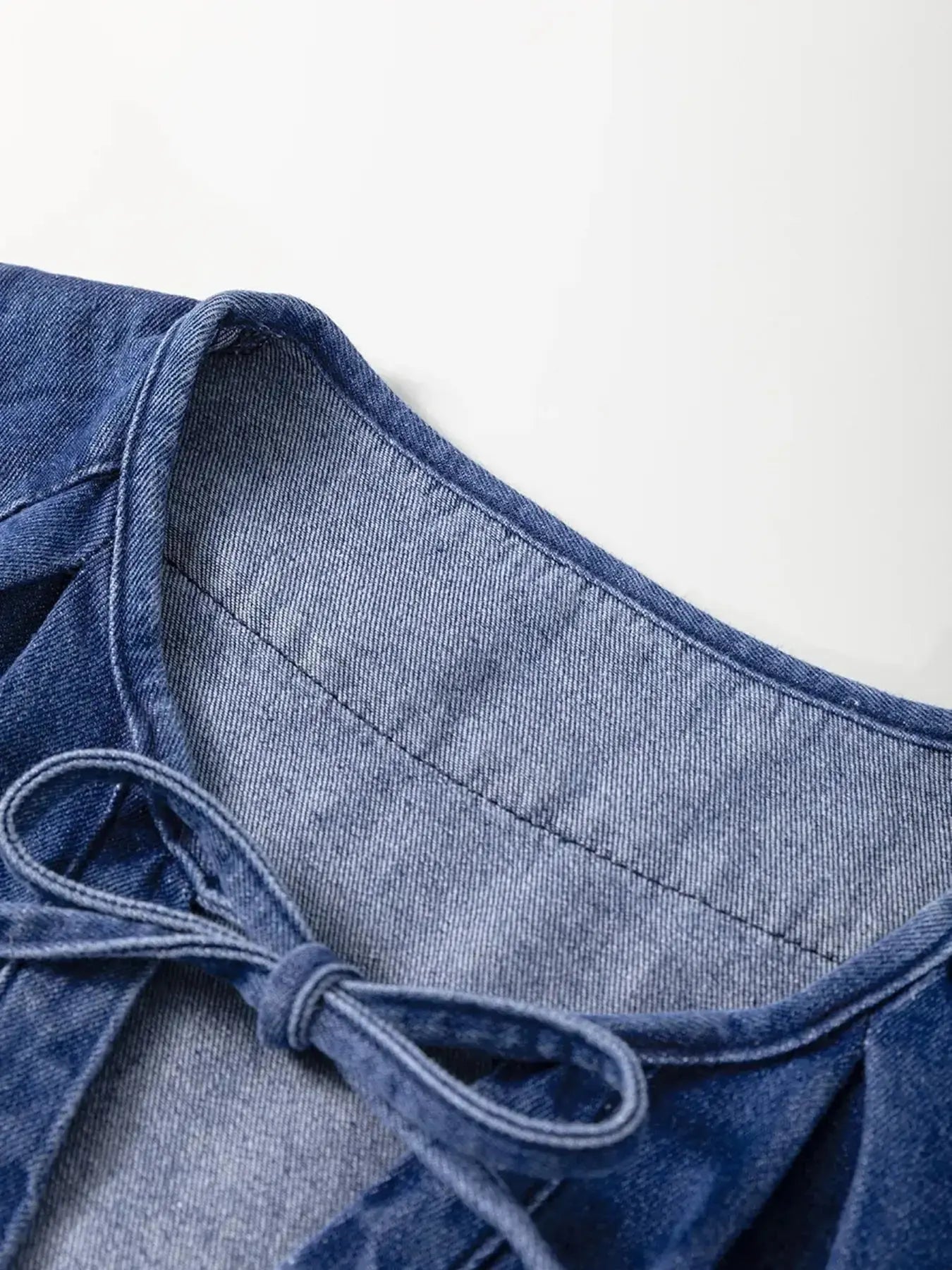 Drawstring High Waist Puff Sleeve Denim Mini Dress - Plush Fashion Hub