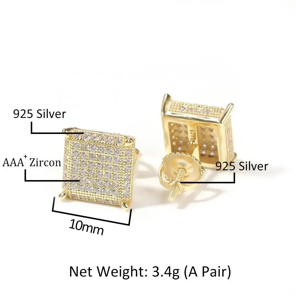 Hip Hop diamond-encrusted 925 silver stud earrings - Plush Fashion Hub