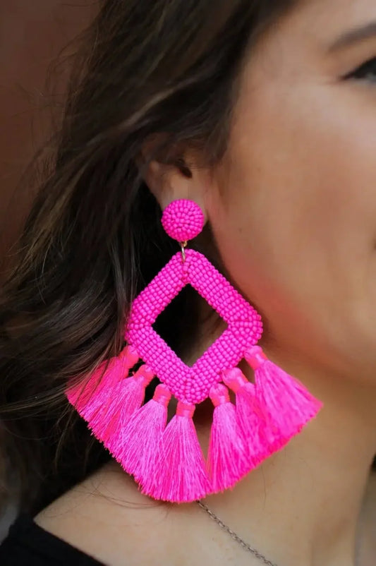 Hot Pink Ellie Fringe Drop Earrings - Plush Fashion Hub