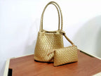 Hand-pressed woven tote bag by Plush Fashion Hub with sturdy handles and intricate woven design, perfect for everyday use.