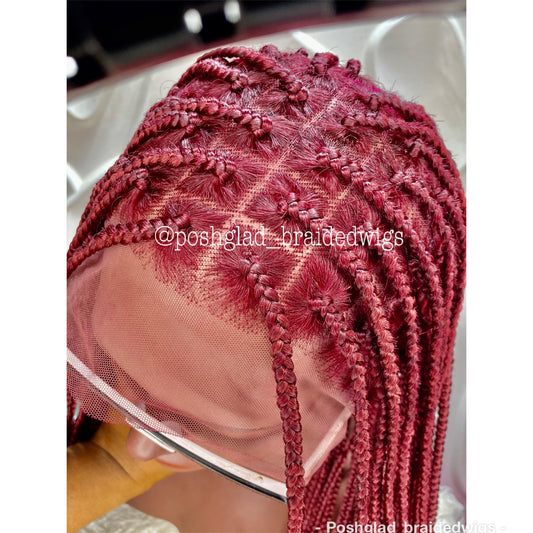 Shade Knotless Braid Wig, Human Hair Full Lace, Burgundy, Glueless Poshglad Braided Wigs