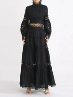 Lace Button Up Long Sleeve Top and Skirt Set - Plush Fashion Hub