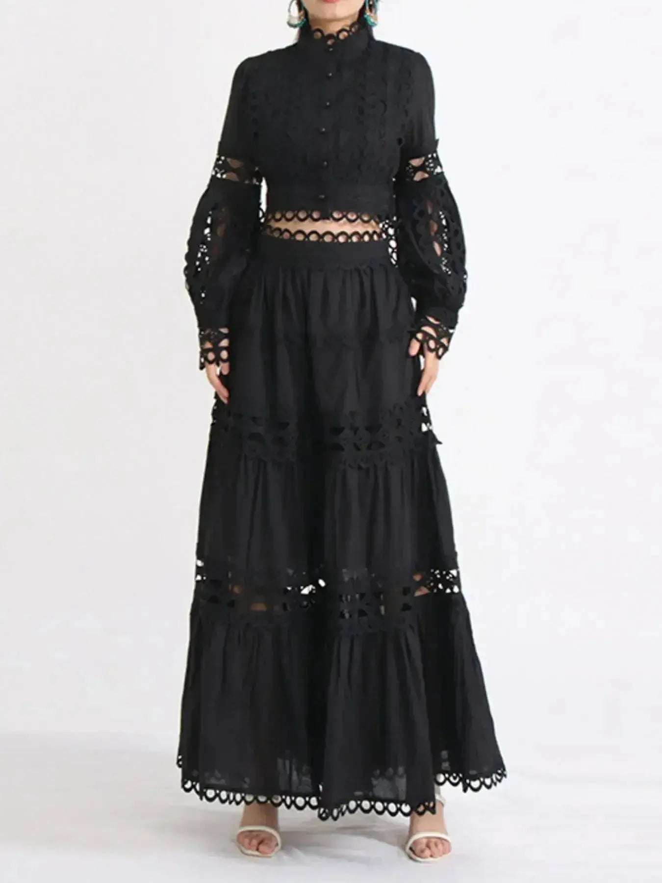 Lace Button Up Long Sleeve Top and Skirt Set - Plush Fashion Hub