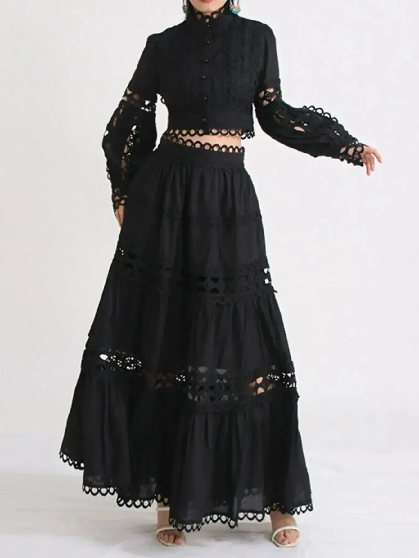 Lace Button Up Long Sleeve Top and Skirt Set - Plush Fashion Hub