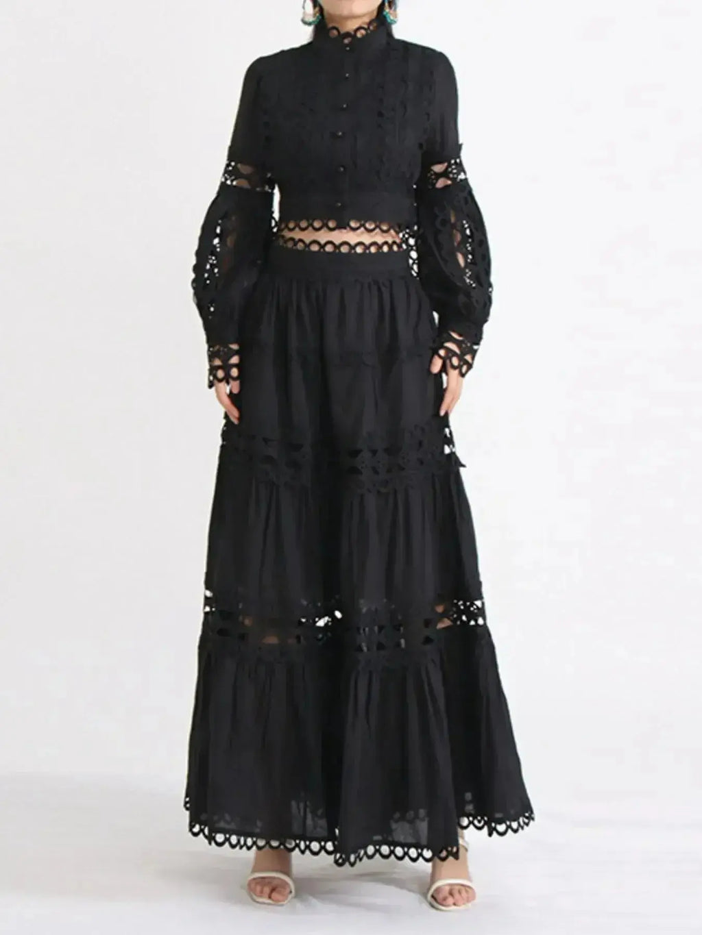 Lace Button Up Long Sleeve Top and Skirt Set - Plush Fashion Hub
