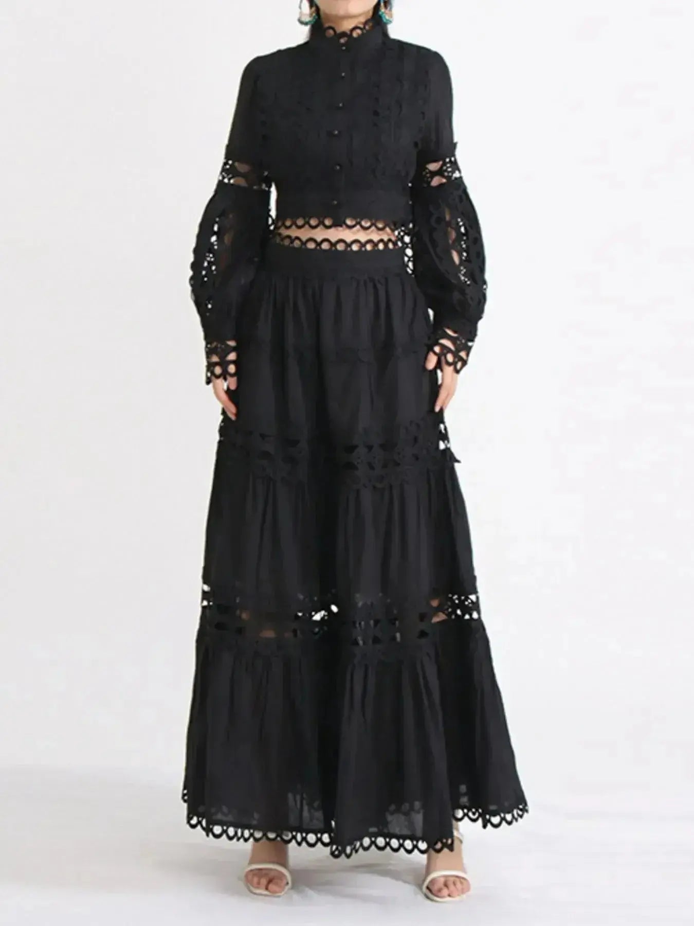 Lace Button Up Long Sleeve Top and Skirt Set - Plush Fashion Hub