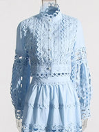 Lace Button Up Long Sleeve Top and Skirt Set - Plush Fashion Hub