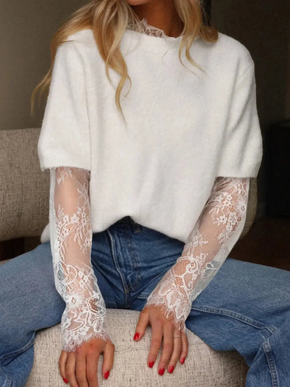 Lace Sleeve Patchwork Faux Two-piece Fuzzy Sweater - Plush Fashion Hub