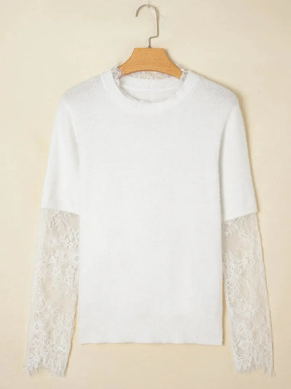 Lace Sleeve Patchwork Faux Two-piece Fuzzy Sweater - Plush Fashion Hub