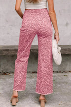 Leopard Frayed Edge Wide Leg High Waist Jeans - Plush Fashion Hub