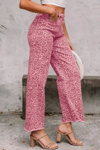 Leopard Frayed Edge Wide Leg High Waist Jeans - Plush Fashion Hub