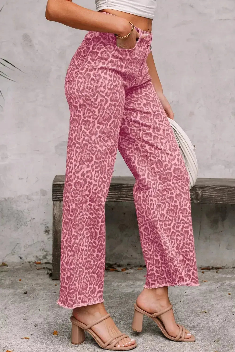 Leopard Frayed Edge Wide Leg High Waist Jeans - Plush Fashion Hub