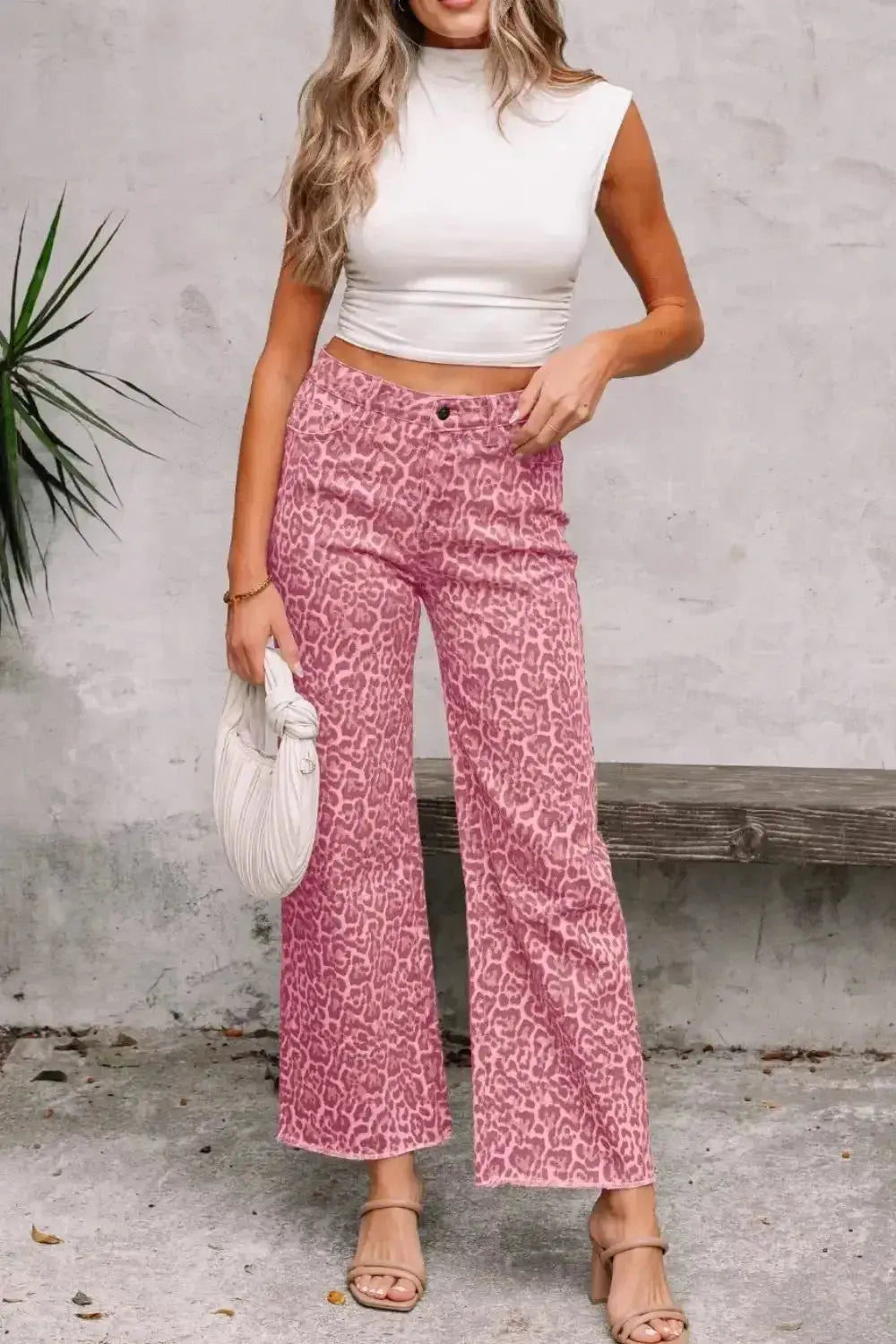 Leopard Frayed Edge Wide Leg High Waist Jeans - Plush Fashion Hub