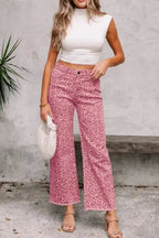 Leopard Frayed Edge Wide Leg High Waist Jeans - Plush Fashion Hub