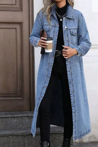 Longline Button-Down Denim Jacket - Plush Fashion Hub