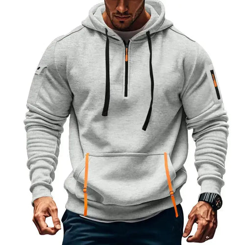 Men's multi-pocket techwear hoodie with zipper arm pockets, casual urban sweatshirt by Plush Fashion Hub.