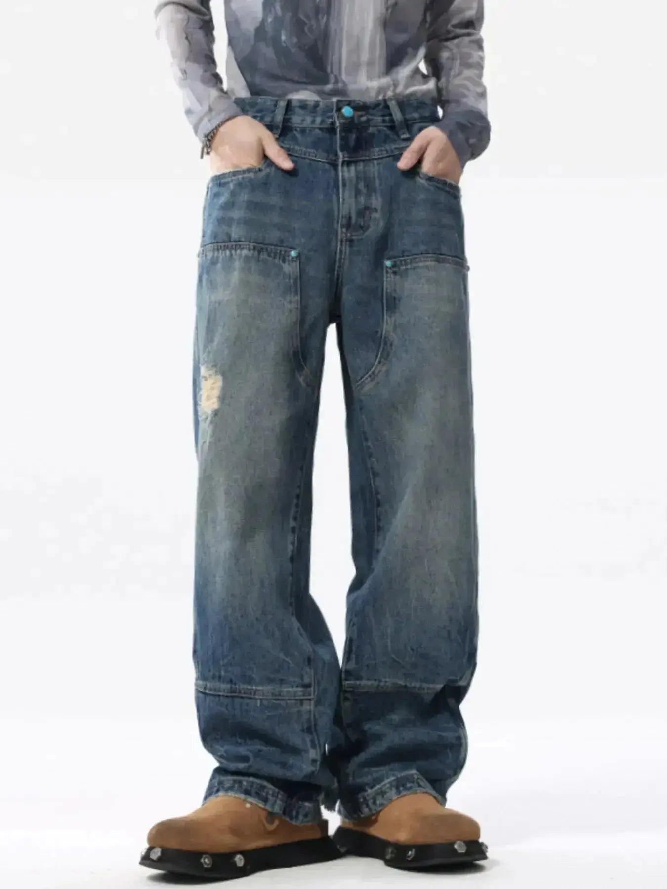 Men's distressed wide leg jeans in relaxed fit cotton denim, featuring a stylish, casual look from Trendsi.