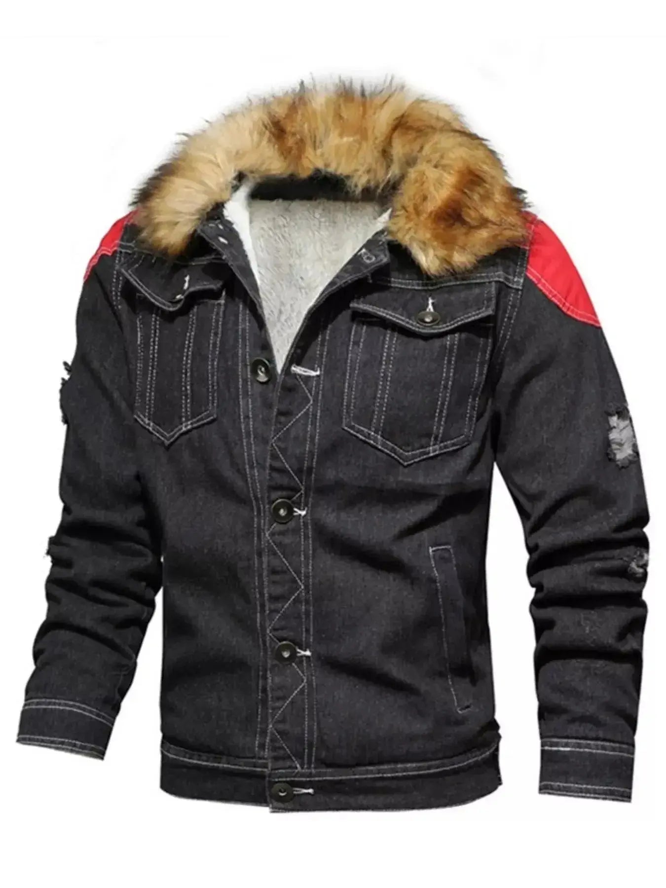 Men's Full Size Faux Fur Collar Denim Jacket Plus Size - Plush Fashion Hub