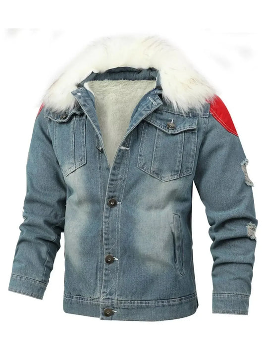 Men's Full Size Faux Fur Collar Denim Jacket Plus Size - Plush Fashion Hub