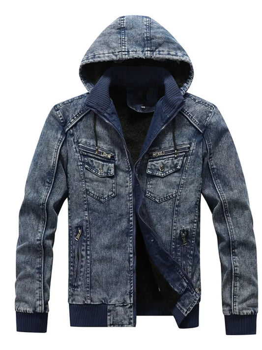 Men's Plus Size Zip Up Hooded Denim Jacket - Plush Fashion Hub
