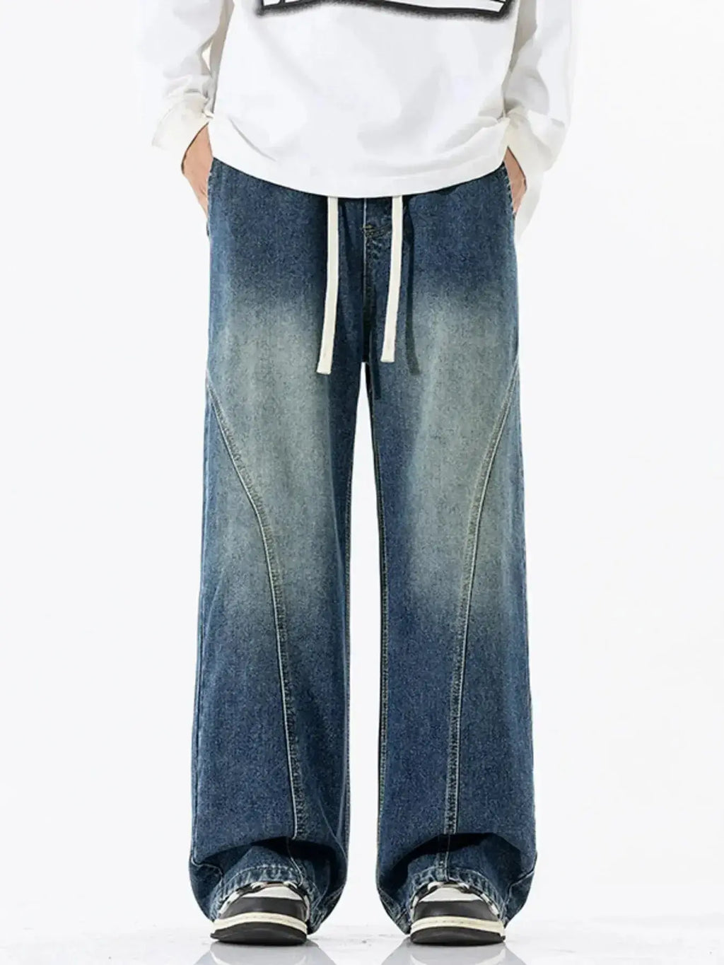 Men's vintage wash wide-leg drawstring jeans from Trendsi, relaxed fit cotton denim with a casual, laid-back style.