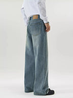 Men's vintage wash wide-leg jeans with relaxed fit and retro denim style, featuring classic denim texture and casual design.