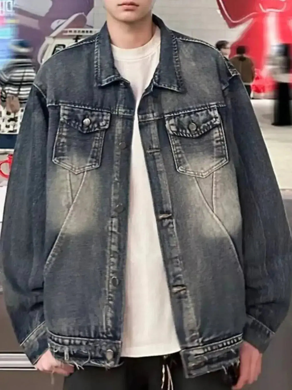 Men's vintage washed denim jacket by Trendsi, made of durable 100% cotton, classic outerwear with a rugged, timeless style.