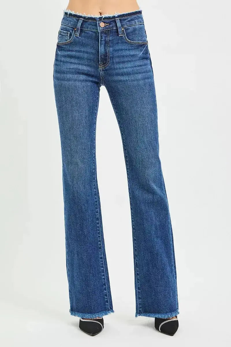 RISEN Full Size Mid Rise Bootcut Frayed Waistband Hem Detail Jeans Plus Size - Plush Fashion Hub