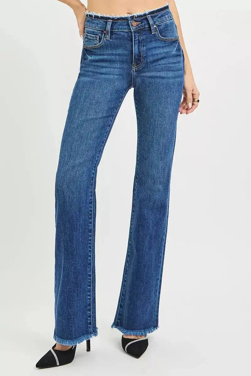 RISEN Full Size Mid Rise Bootcut Frayed Waistband Hem Detail Jeans Plus Size - Plush Fashion Hub