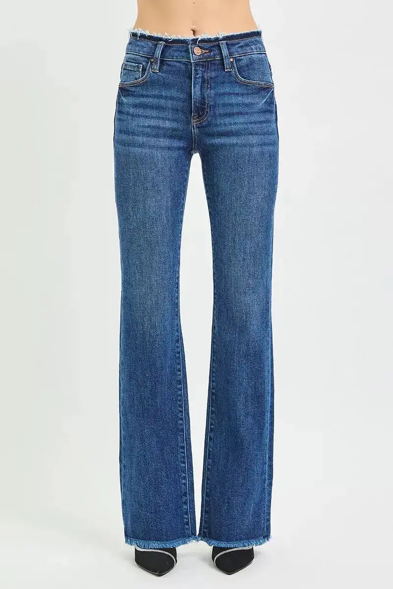 RISEN Full Size Mid Rise Bootcut Frayed Waistband Hem Detail Jeans Plus Size - Plush Fashion Hub