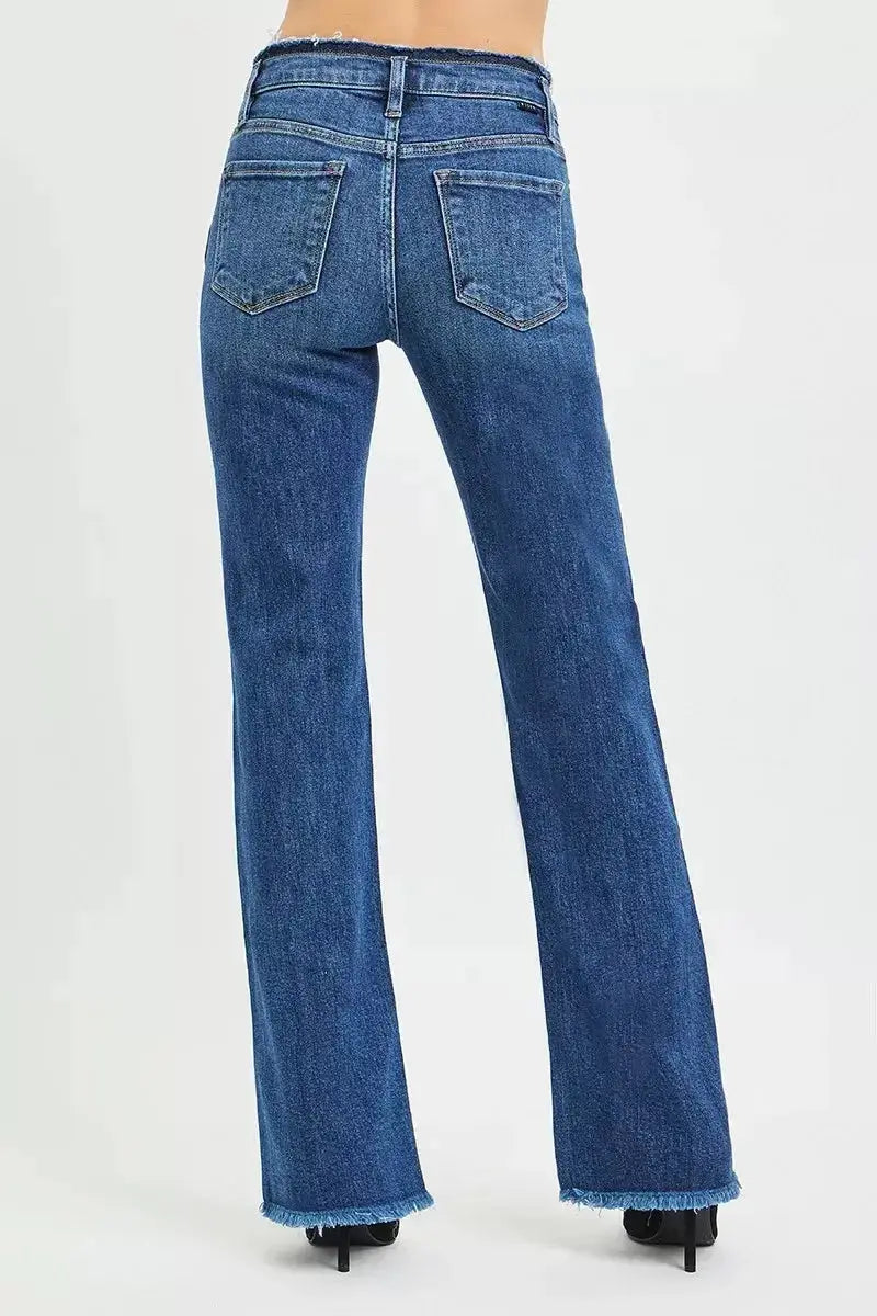 RISEN Full Size Mid Rise Bootcut Frayed Waistband Hem Detail Jeans Plus Size - Plush Fashion Hub