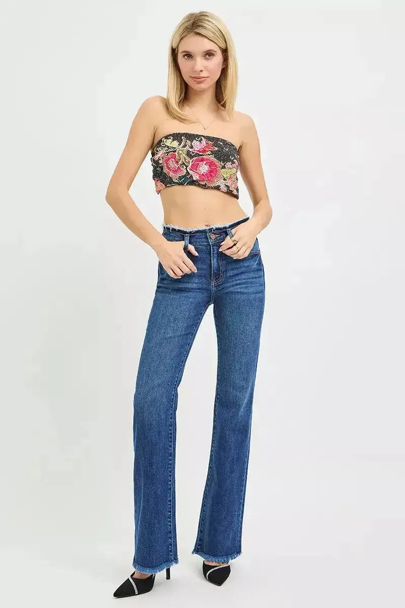 RISEN Full Size Mid Rise Bootcut Frayed Waistband Hem Detail Jeans Plus Size - Plush Fashion Hub
