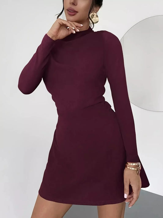Mock Neck Long Sleeve Mini Dress - Plush Fashion Hub