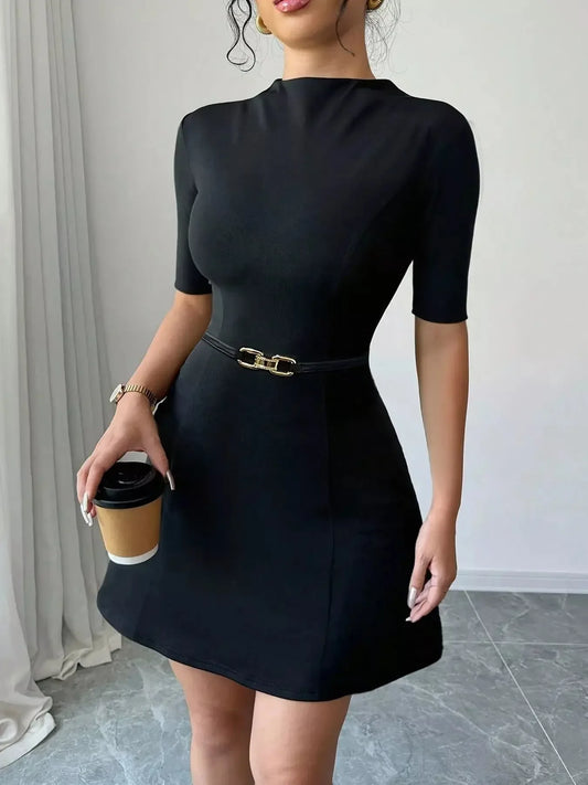Mock Neck Short Sleeve Mini Dress - Plush Fashion Hub