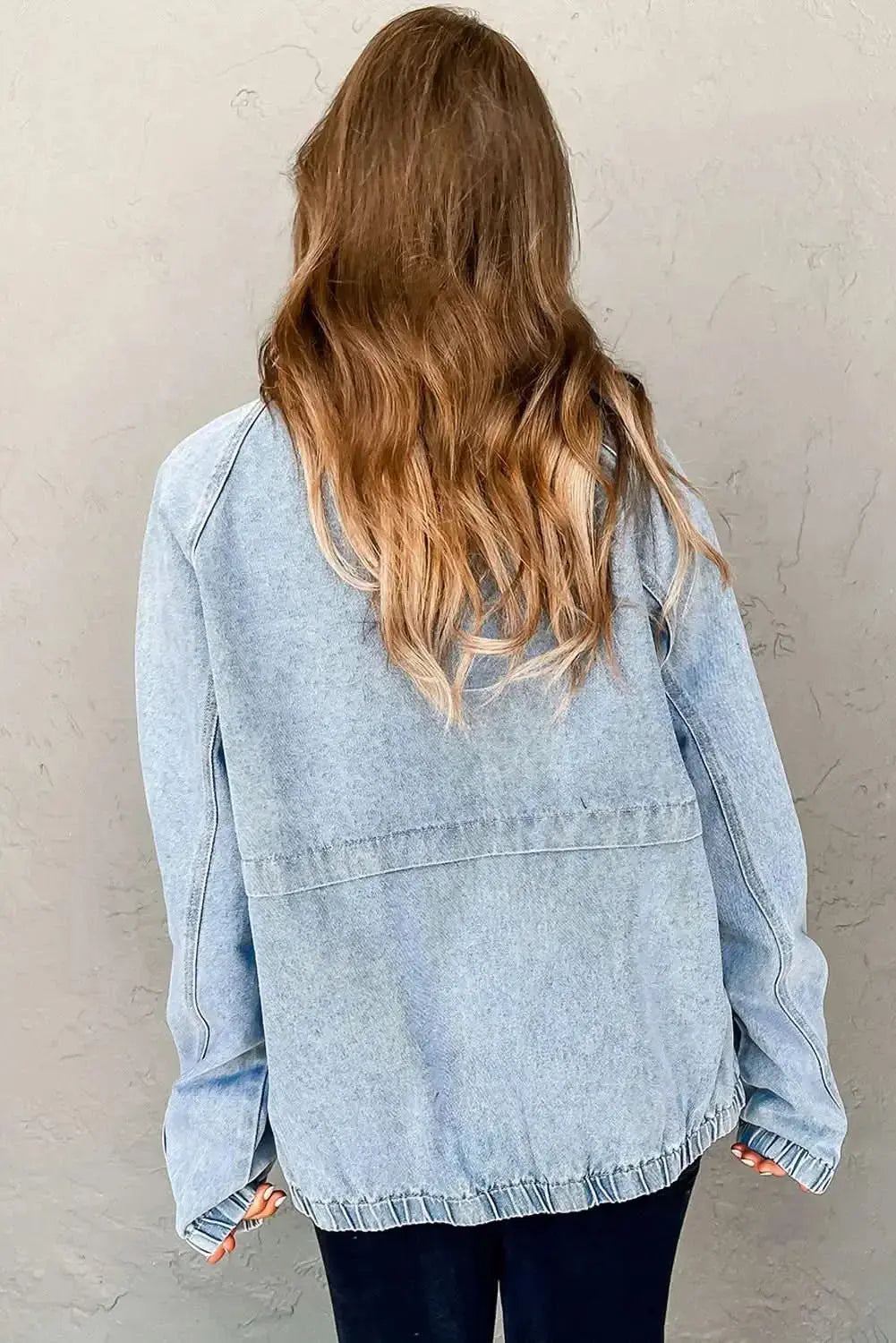 Myosotis Denim Jacket Zip Up With Elastic Hem Raglan Sleeves - Plush Fashion Hub