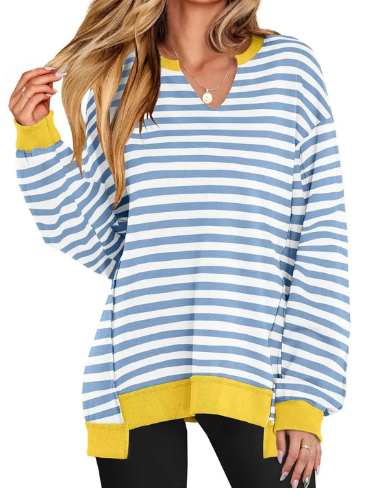 Notched Long Sleeve Oversized Sweatshirt - Plush Fashion Hub