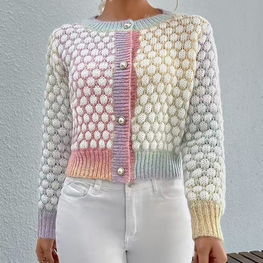 Autumn Winter Cardigan Rainbow Jacquard Short Sweater Girls Coat Single Side Buckle Bella Mia