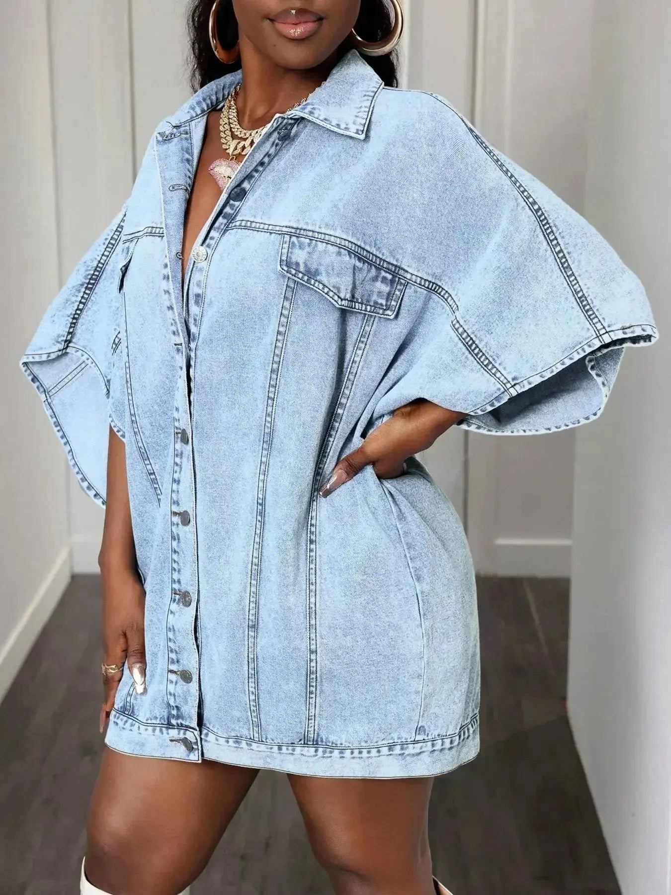 Oversized Batwing Sleeve Denim Top - Plush Fashion Hub