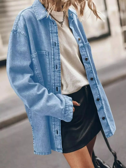 Oversized Button Up Denim Shirt - Plush Fashion Hub