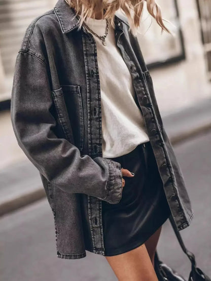 Oversized Button Up Denim Shirt - Plush Fashion Hub