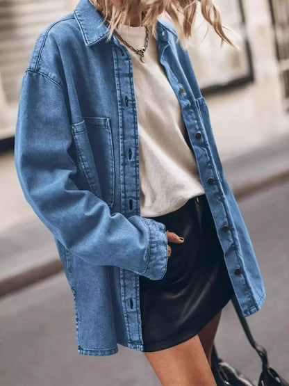 Oversized Button Up Denim Shirt - Plush Fashion Hub