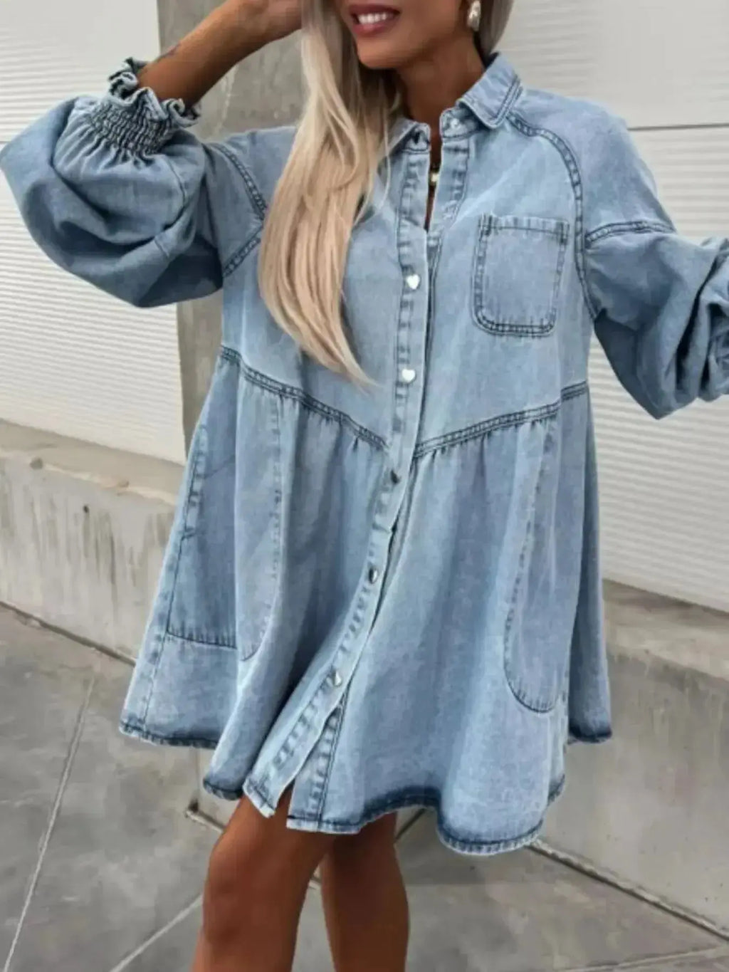 Oversized Long Sleeve Button-Up Denim Dress - Plush Fashion Hub