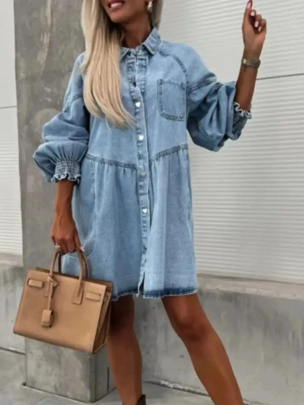 Oversized Long Sleeve Button-Up Denim Dress - Plush Fashion Hub