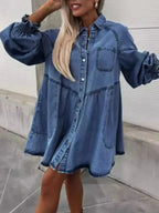 Oversized Long Sleeve Button-Up Denim Dress - Plush Fashion Hub