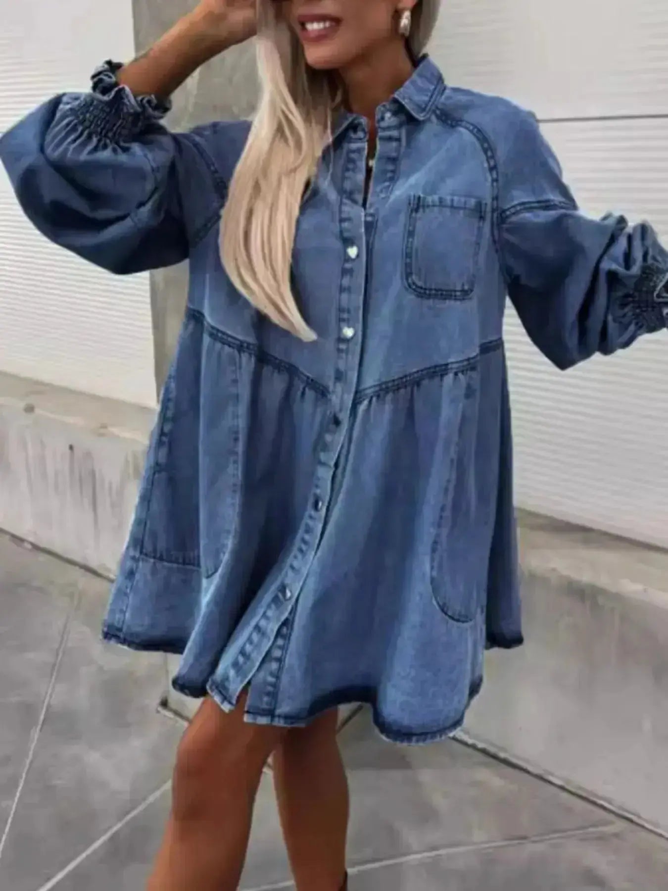 Oversized Long Sleeve Button-Up Denim Dress - Plush Fashion Hub